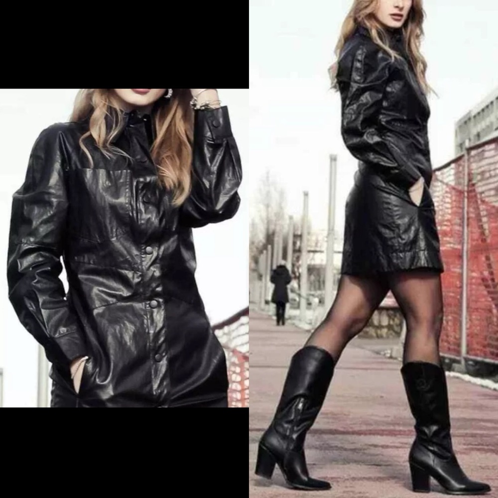 ZARA FAUX LEATHER MINI SHIRT DRESS BLACK LONG SLEEVE PATCH POCKETS NEW